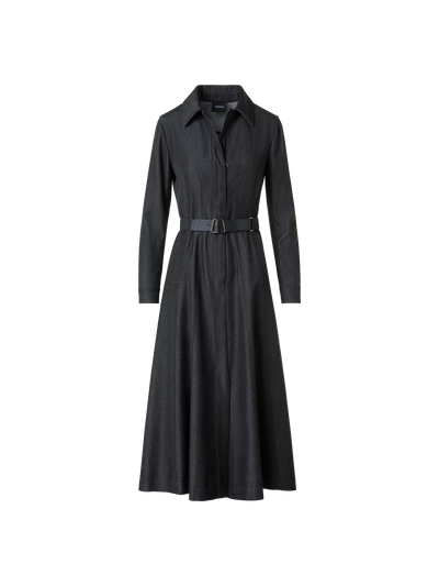Designer Belted Stretch Cotton Denim Midi Shirt Dress - neutral - grey