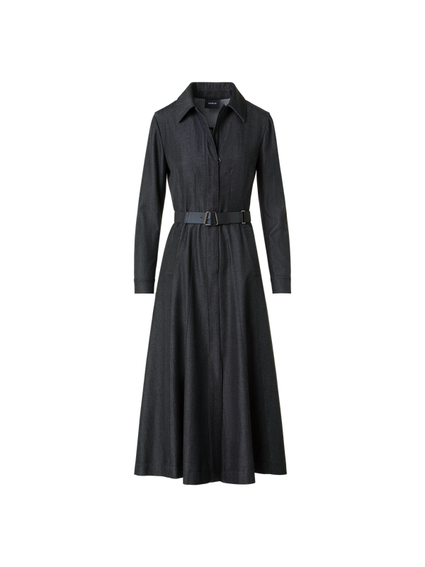 Designer Belted Stretch Cotton Denim Midi Shirt Dress - neutral - grey