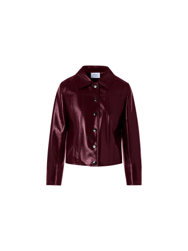 Designer Long-Sleeve Shiny Crinkle Faux-Leather Jacket - red