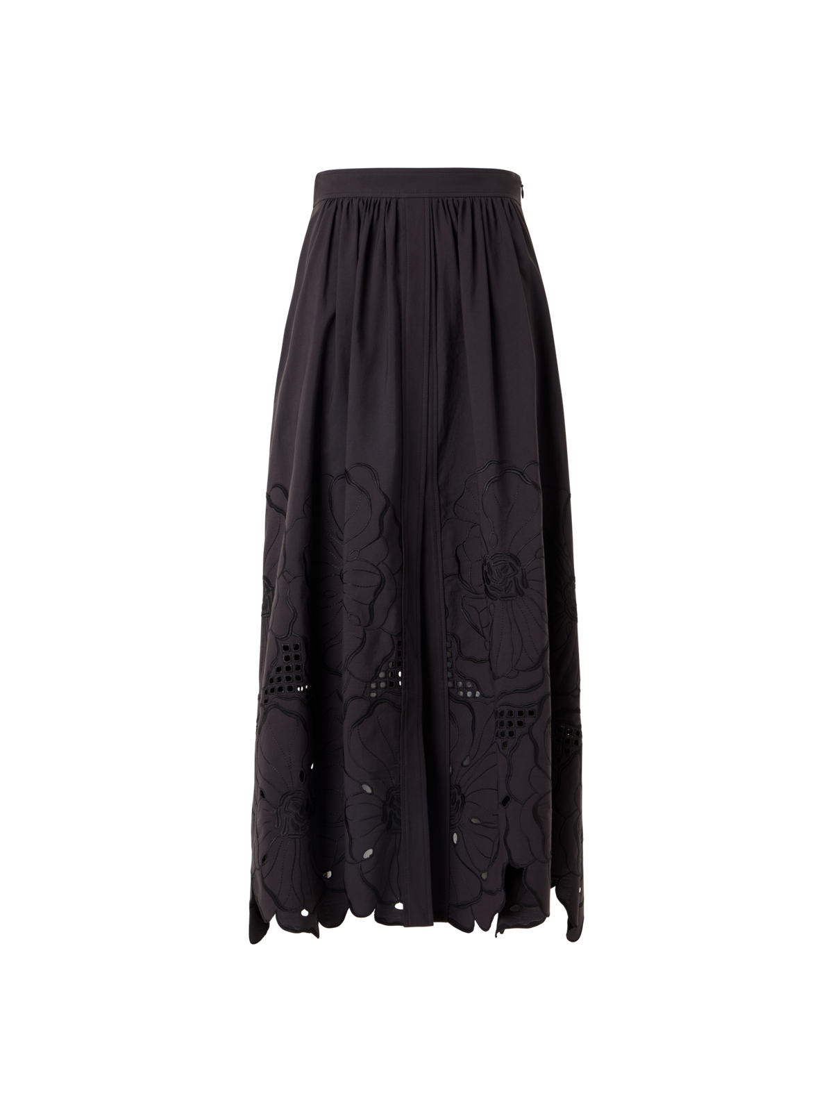 Designer Flared Flower Eyelet Midi Skirt - black