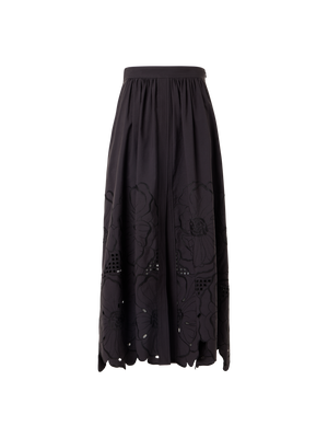 Designer Flared Flower Eyelet Midi Skirt - black