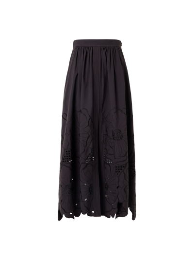 Designer Flared Flower Eyelet Midi Skirt - black