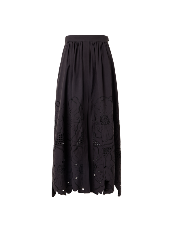 Designer Flared Flower Eyelet Midi Skirt - black