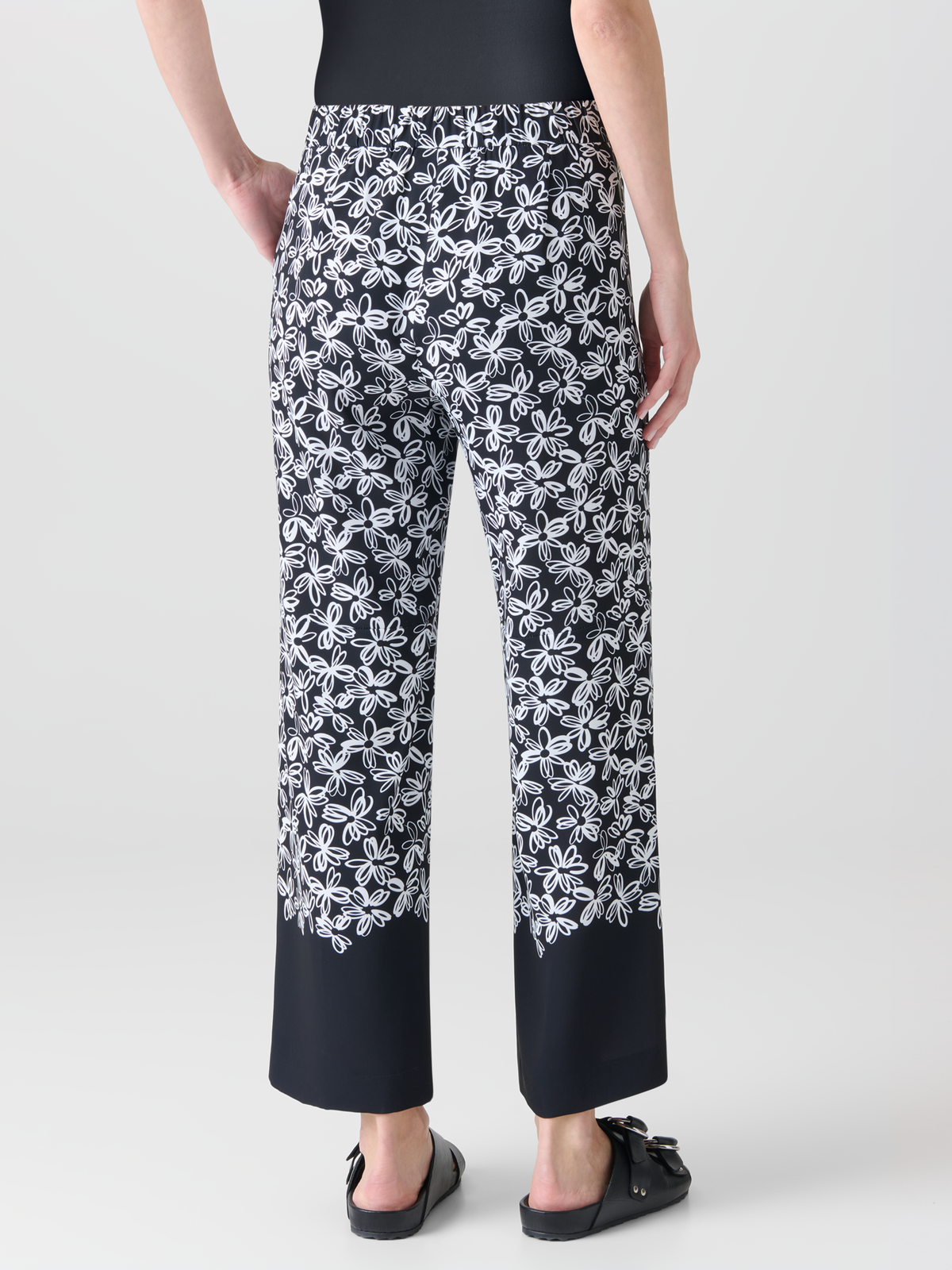 Designer Wide Pants with Elastic Waist & Daisy Print - black - neutral - multicolor #editorial