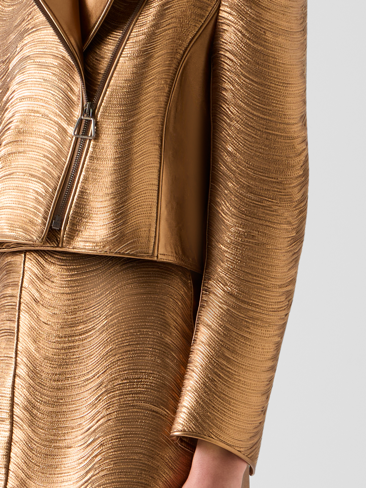 Designer Short Lamé Leather Stripe Embroidery Jacket - gold 