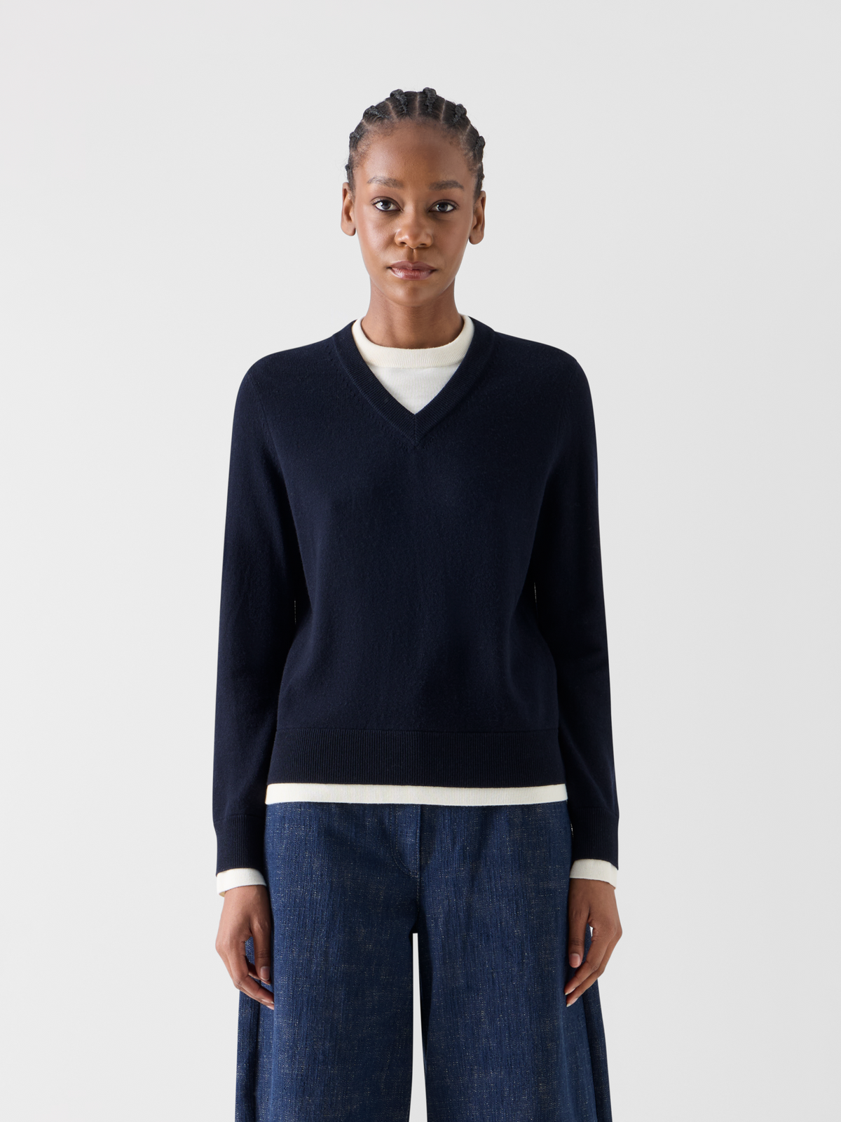 Designer Wool Cashmere Sweater with V-Neck Trompe l'Oeil - navy #editorial