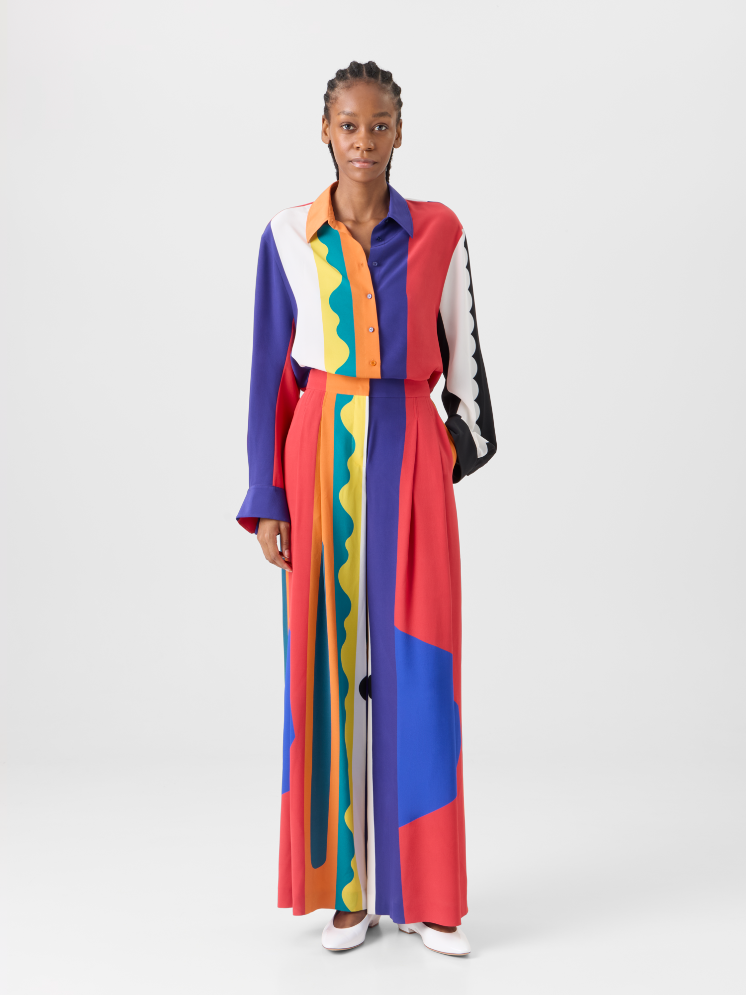 Designer Oversize Silk Blouse with Paravent Print - multicolor