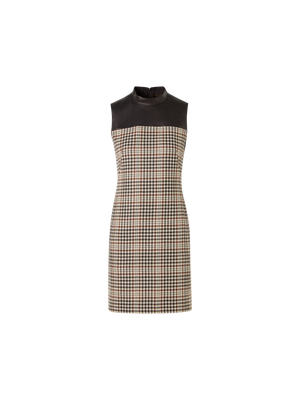 Designer Sleeveless Mini Shift Dress in Check Tweed - multicolor