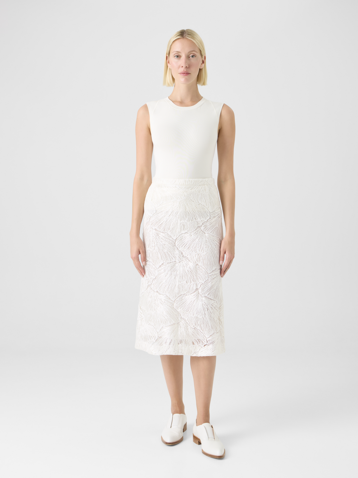 Designer Techno Lacquered Sea Fan Lace A-Line Skirt - ecru #editorial