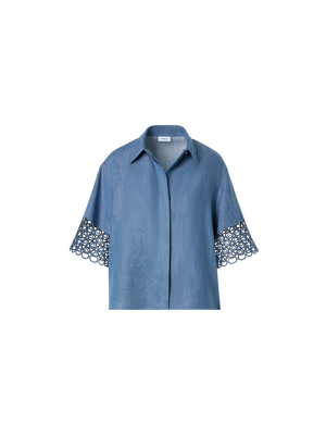 Designer Denim Blouse with Eyelet Guipure - blue