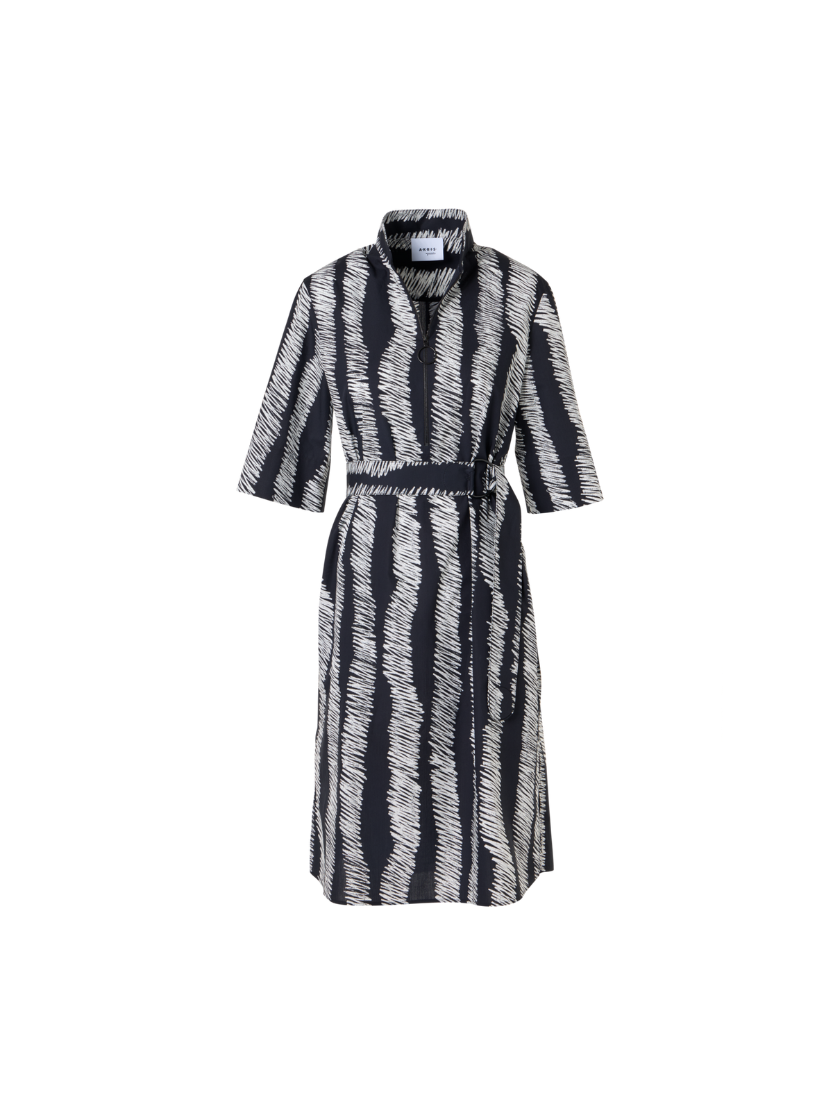 Designer Belted Scribble Wave Print Cotton Shirt Dress - black - multicolor