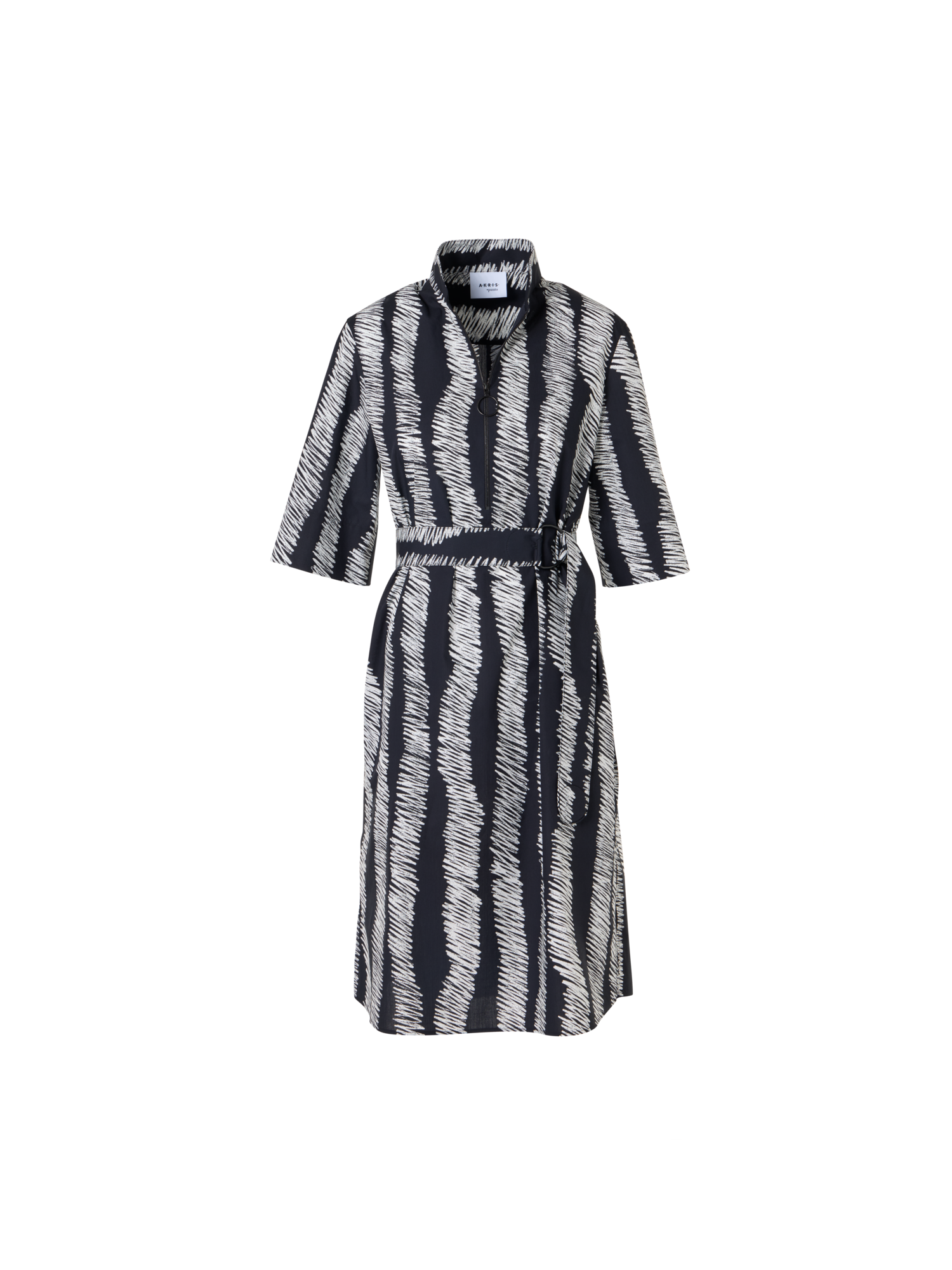 Designer Belted Scribble Wave Print Cotton Shirt Dress - black - multicolor