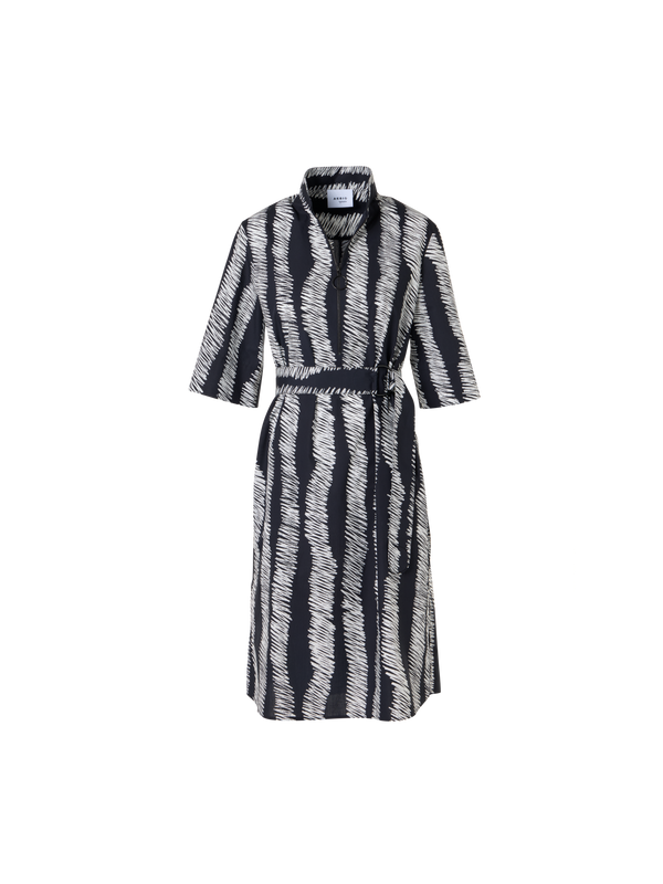 Designer Belted Scribble Wave Print Cotton Shirt Dress - black - multicolor