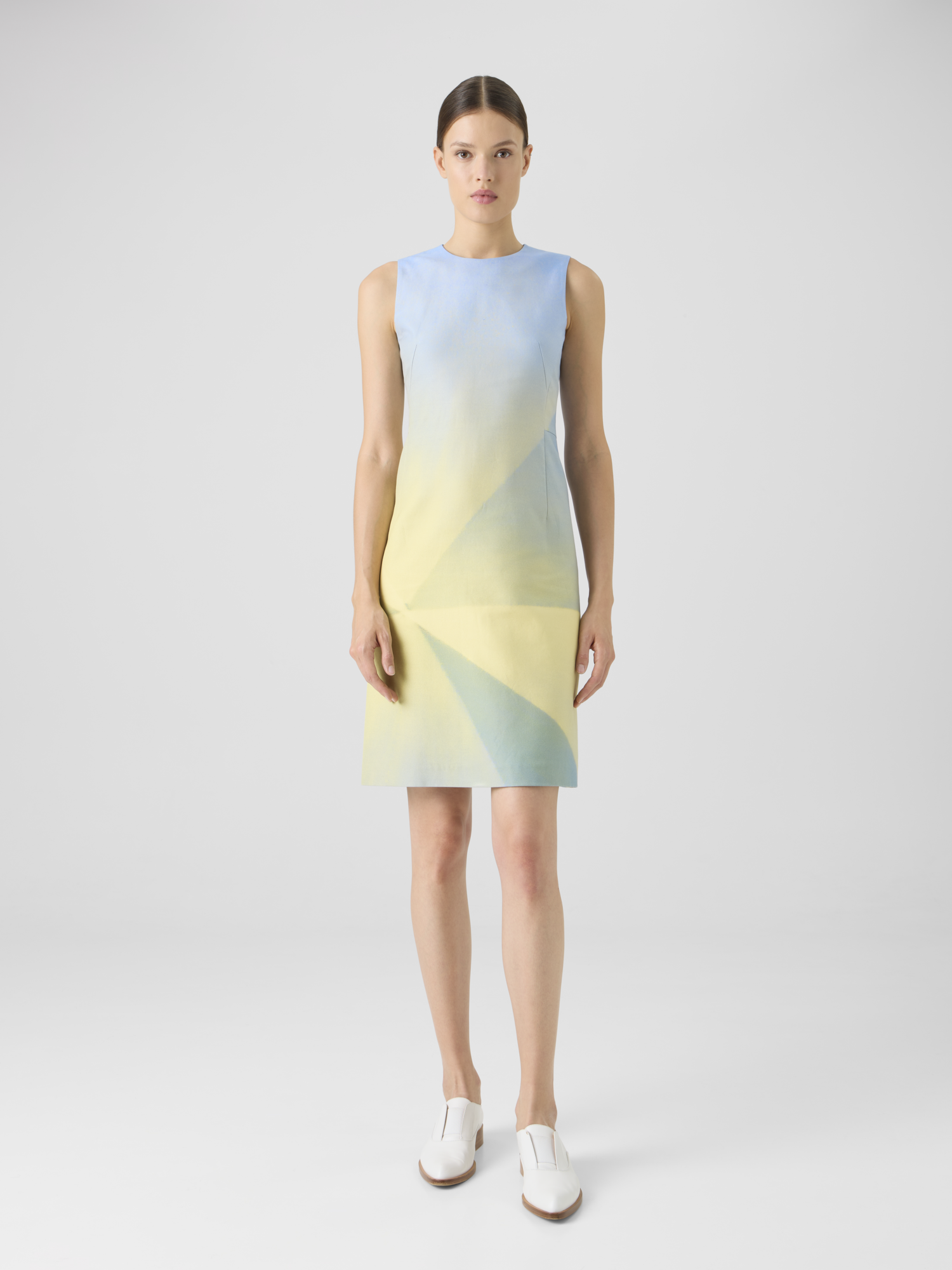 Designer Silk Cotton Double-Face Dress with Sunbeam Print - blue - multicolor - yellow 