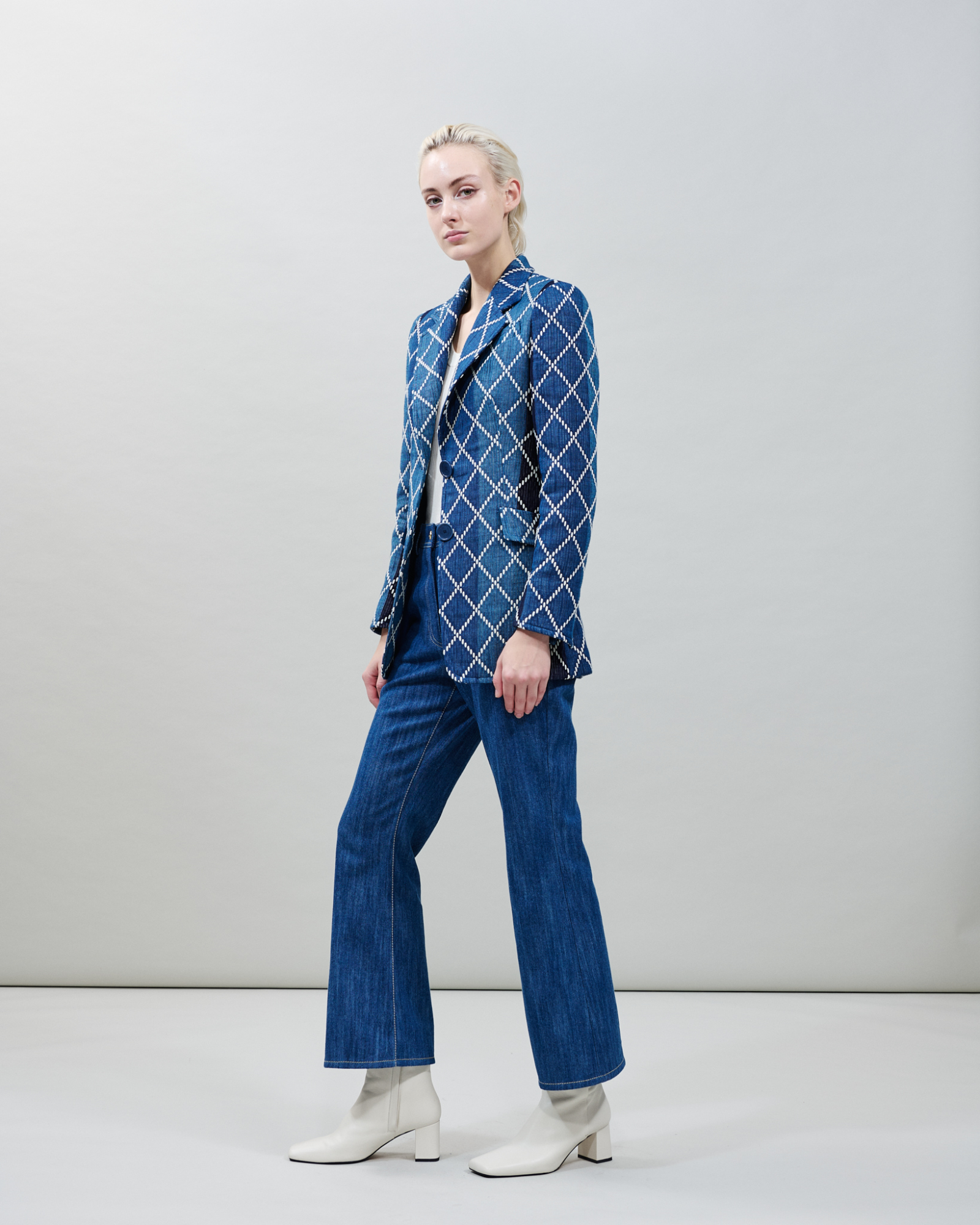 Designer Long Cotton Blazer with Diamond Jacquard - blue - multicolor 