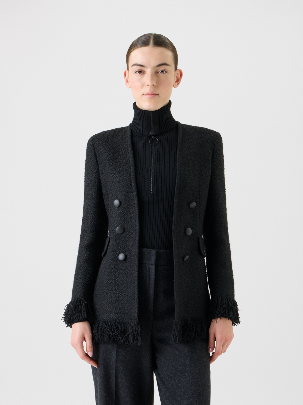Designer Double-Breasted Illusion Jacket with Fringes - black - neutral #editorial