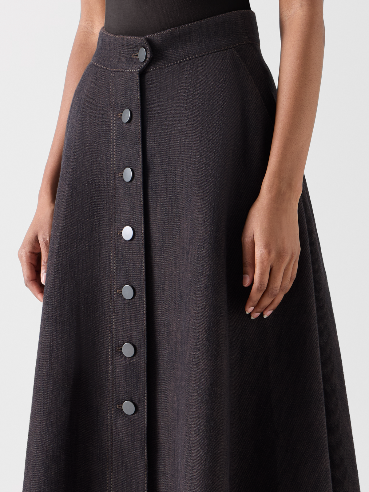 Designer Flared Midi Skirt in Brushed Winter Denim - brown 