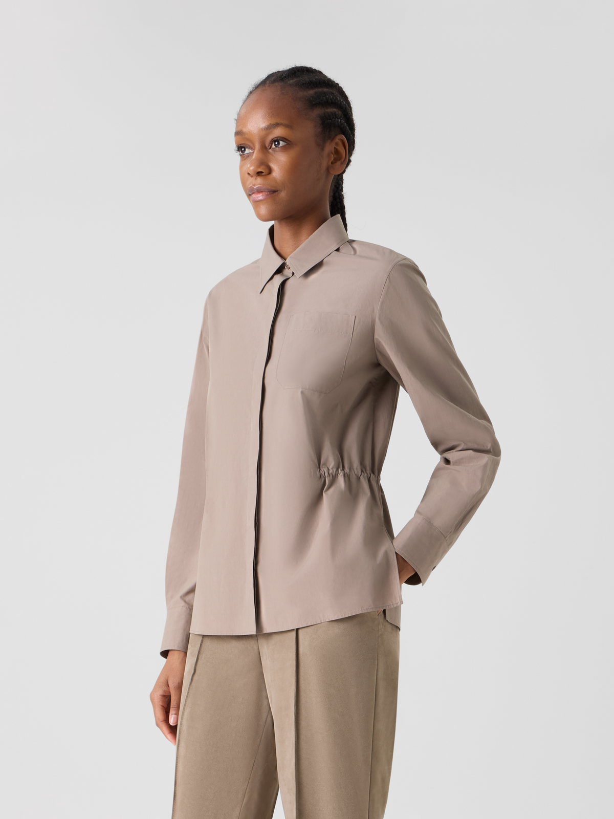 Designer Cotton Poplin Shirt with Waist Drawstring - beige #editorial