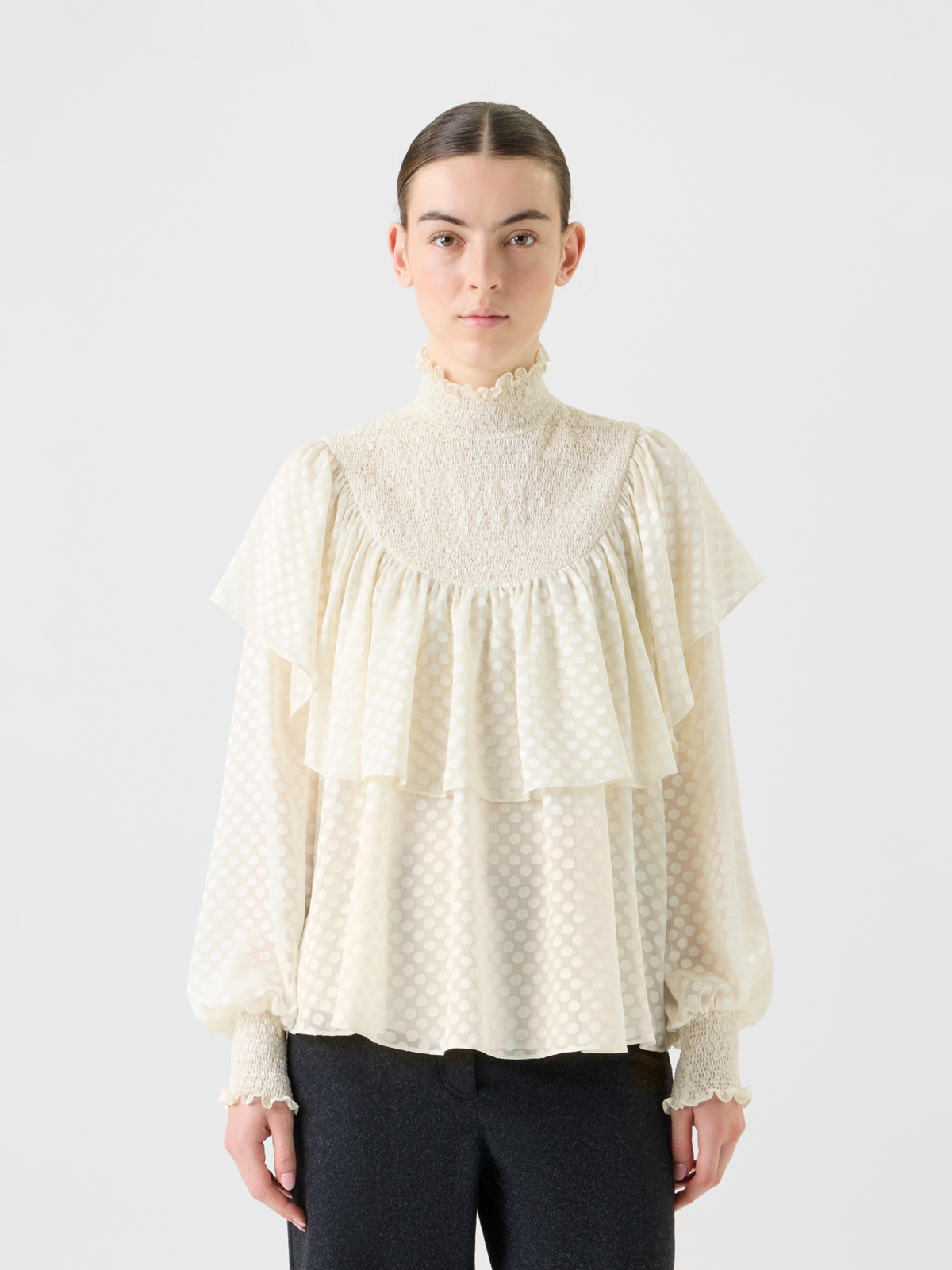 Designer Boho Smocked Flounce Shoulder Dotted Blouse - neutral - ecru - white #editorial