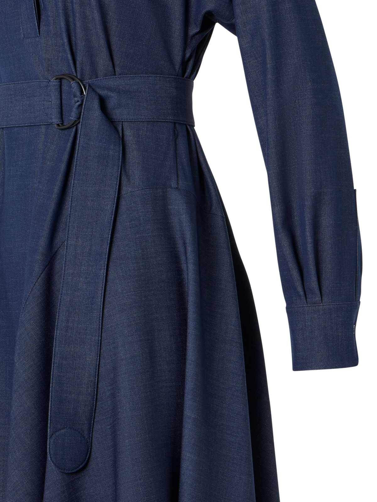 Designer Fluid Denim Midi Dress with Handkerchief Hem - navy
