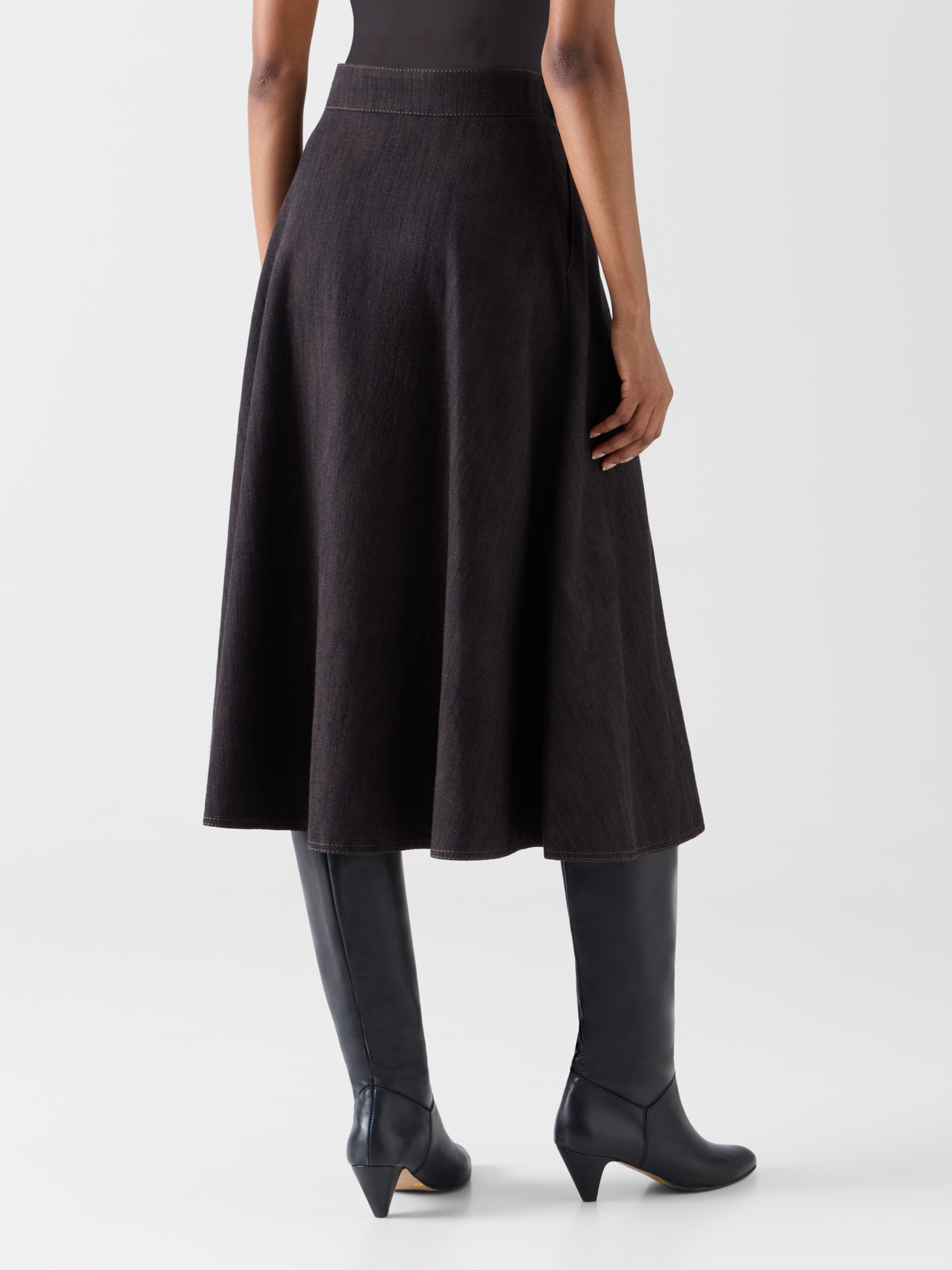 Designer Flared Midi Skirt in Brushed Winter Denim - brown 