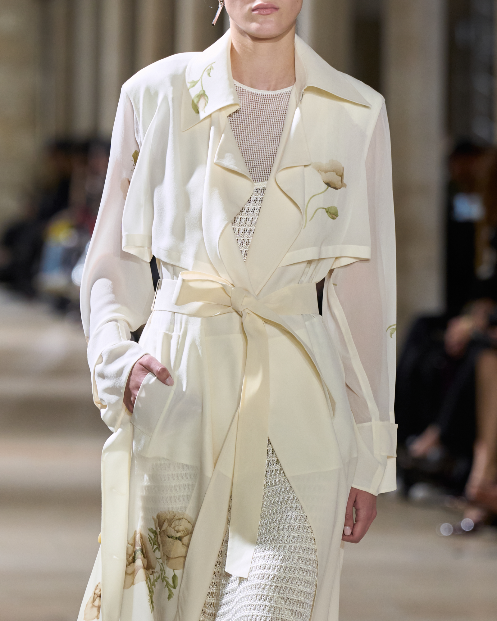 Designer Silk Trench Coat with Anemone Print  - neutral - pastel - multicolor - ecru - white 