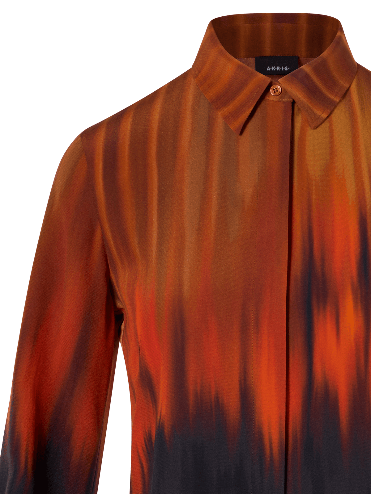 Designer Silk Blouse in Fuego Negro Print - black - red - multicolor - orange