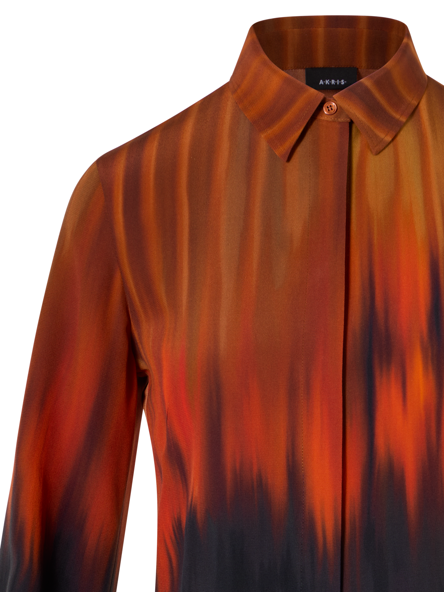 Designer Silk Blouse in Fuego Negro Print - black - red - multicolor - orange