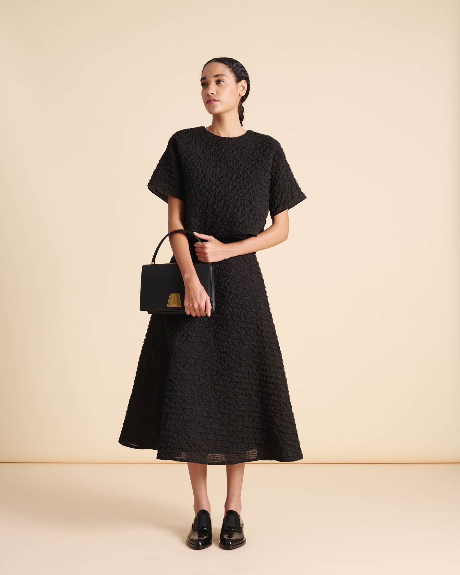 Designer Flared Midi Skirt with 3D Bubble Organza - black - neutral