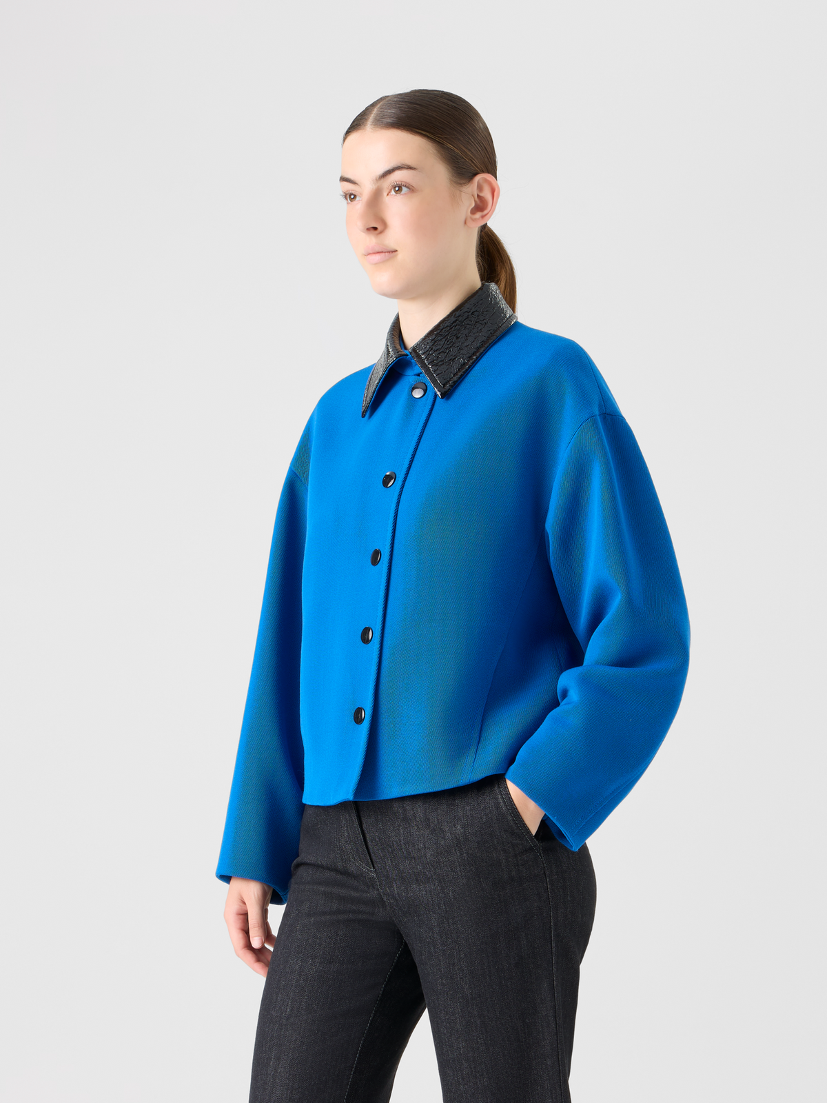 Designer Short Jacket in Heavy Wool Tricotine - blue #editorial