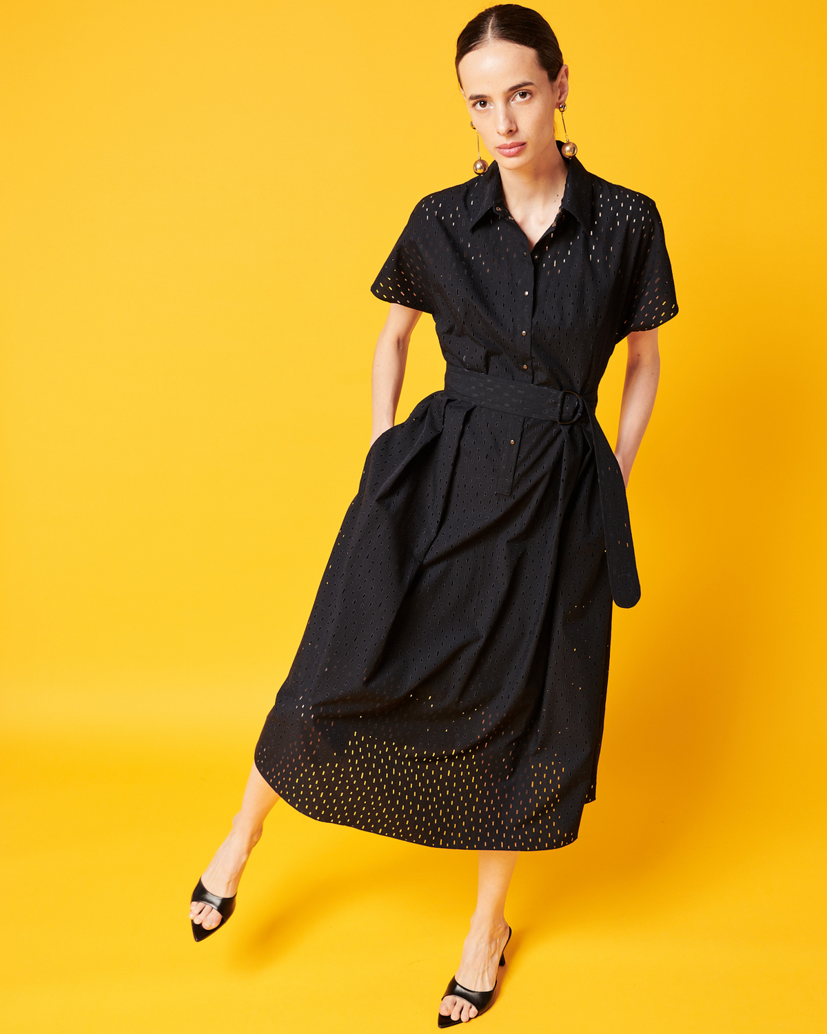 Designer A-Line Flare Cotton Lasercut Grid Midi Dress - navy #editorial