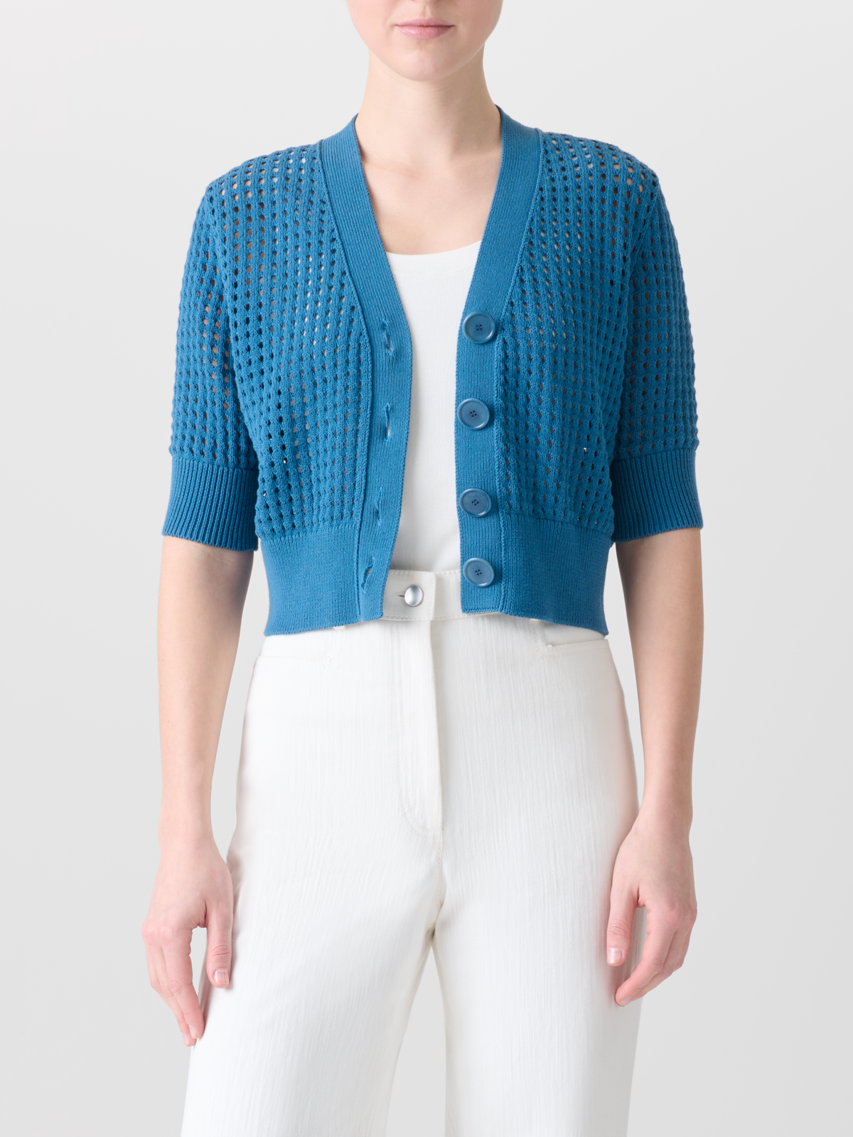 Designer Cropped Cardigan in Chunky Cotton Mesh - blue #editorial