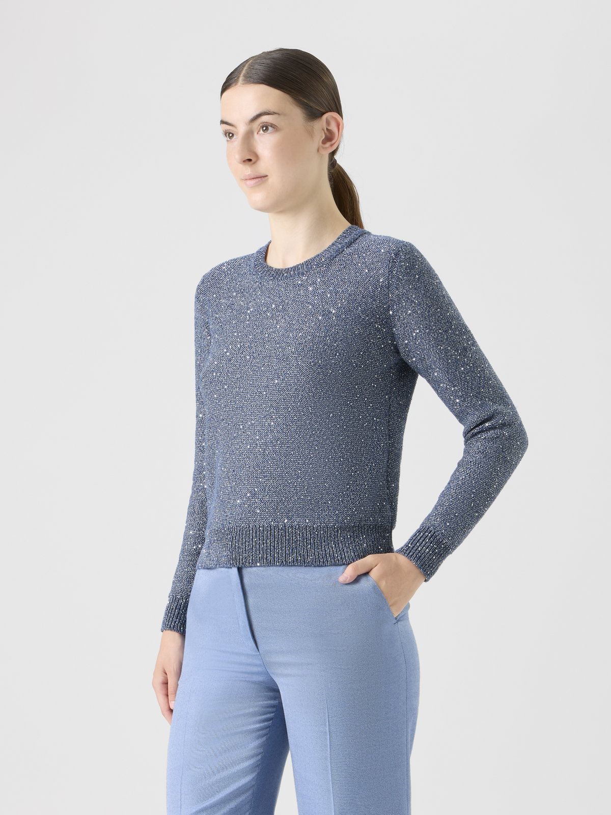 Designer Knit Sweater in Linen Cotton with Micro Sequins - blue #editorial