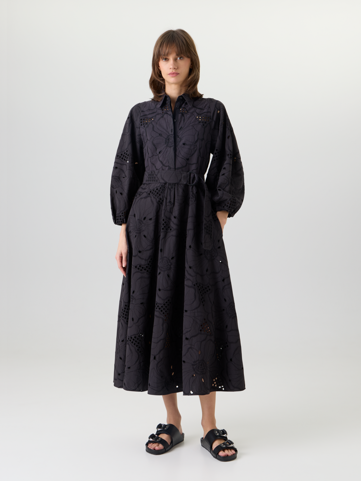 Designer Fit-and-Flare Flower Eyelet Midi Dress - black #editorial