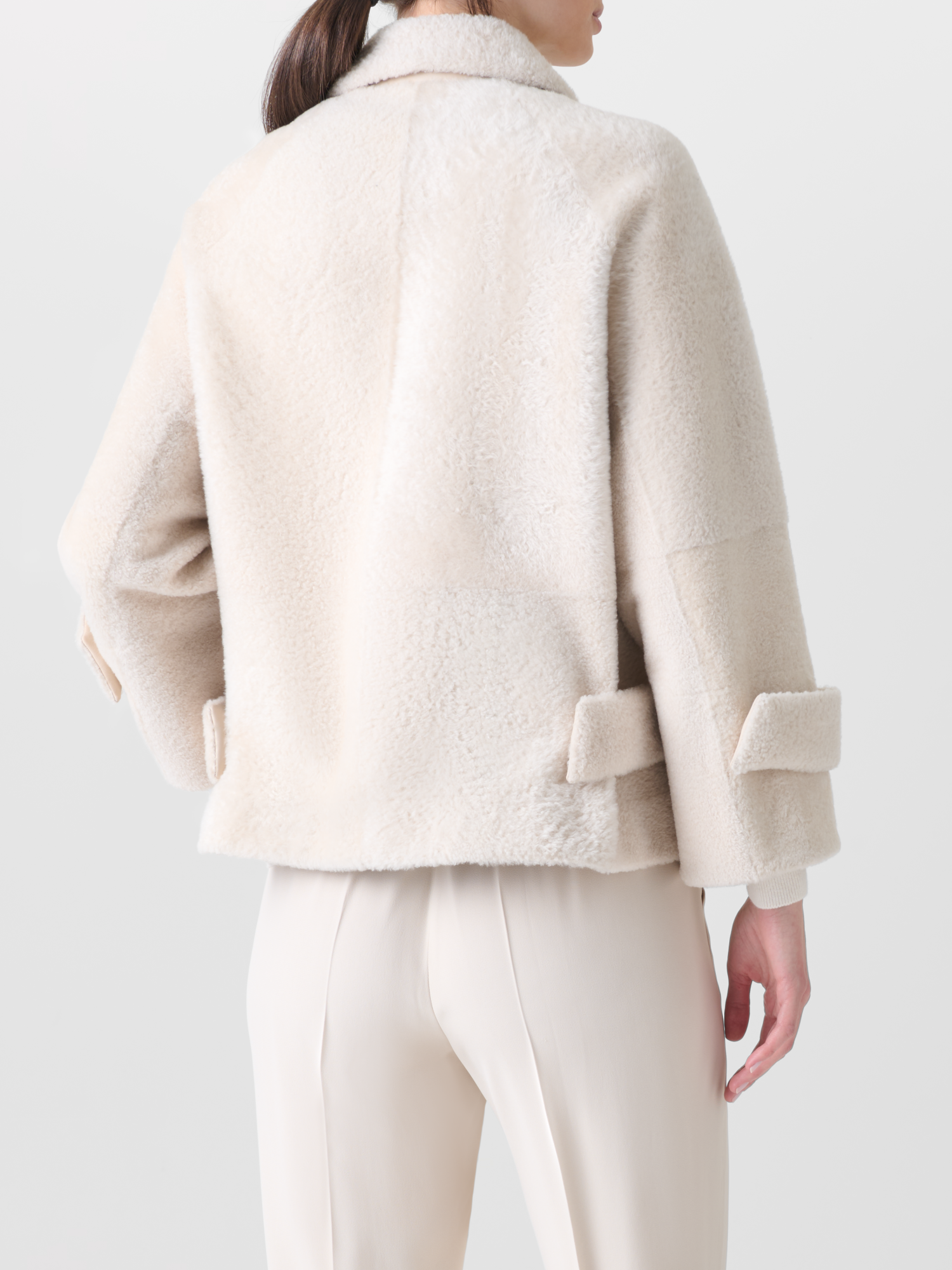 Designer Short A-Line Shearling Jacket - neutral - ecru - white 