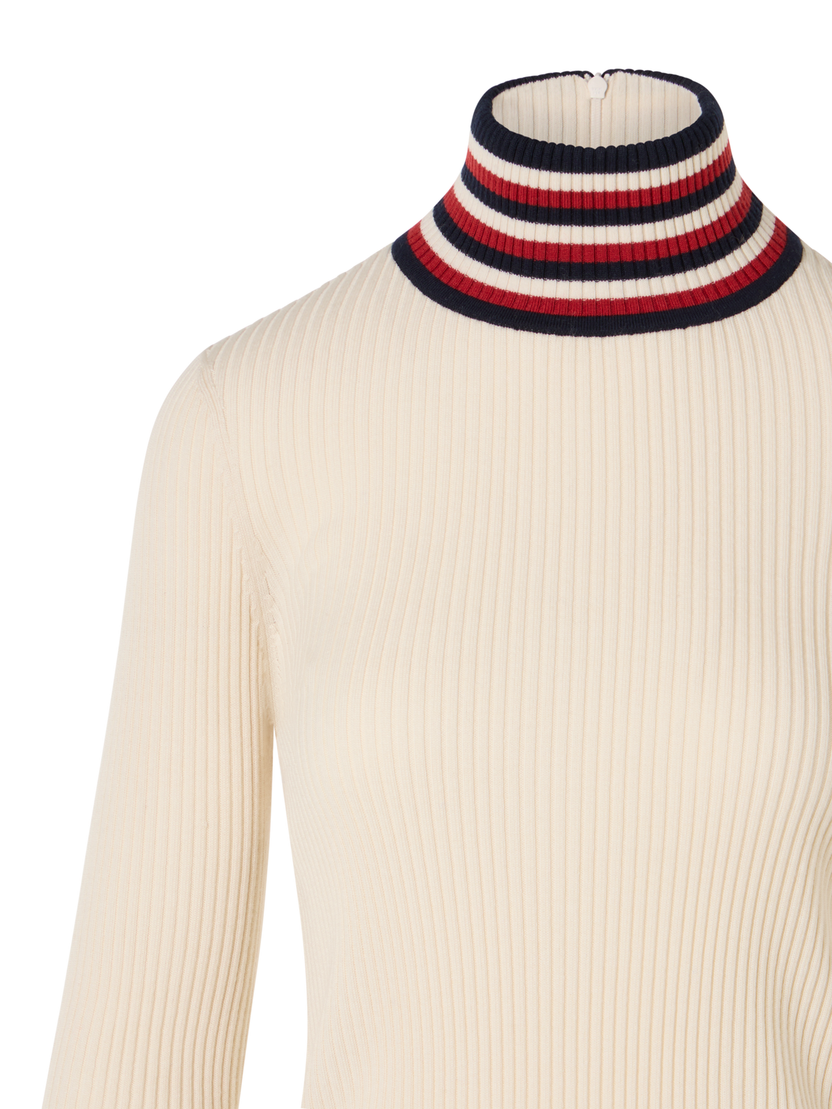 Designer Ribbed Wool Sweater with Striped Collar - ecru