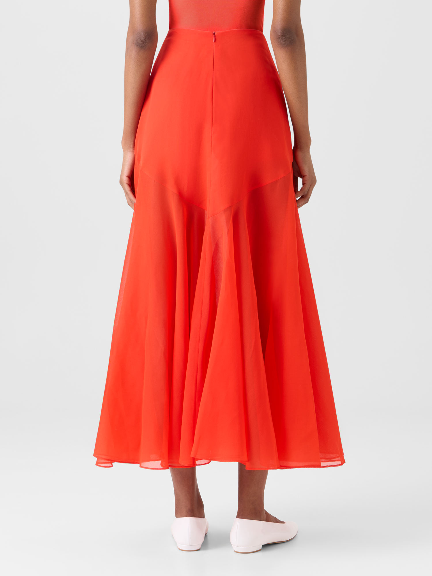 Designer Flared Midi Skirt in Silk Organza - red