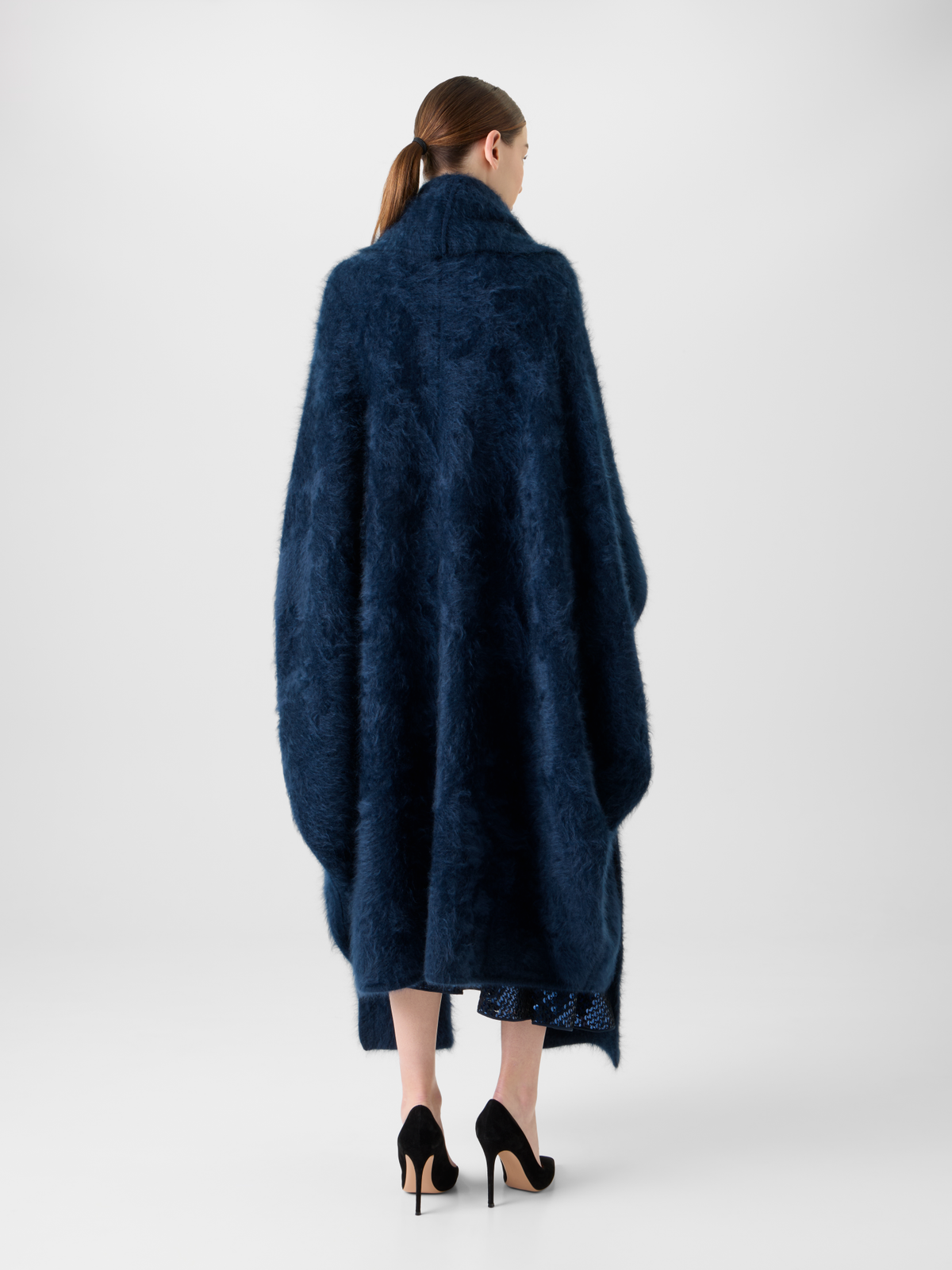 Designer Long Cashmere Cape with Removable Scarf Hood - neutral - navy - blue #editorial