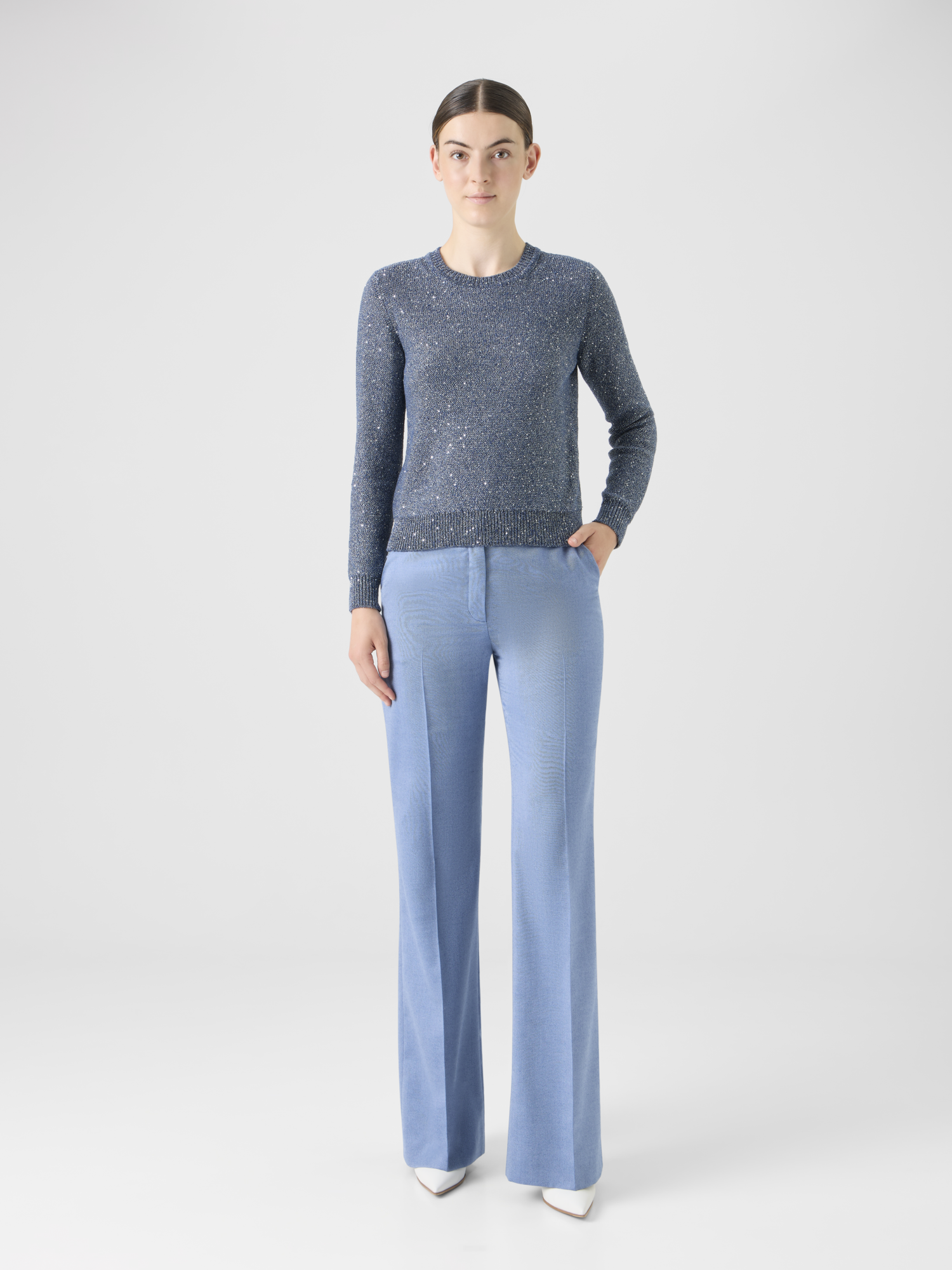 Designer Knit Sweater in Linen Cotton with Micro Sequins - blue 