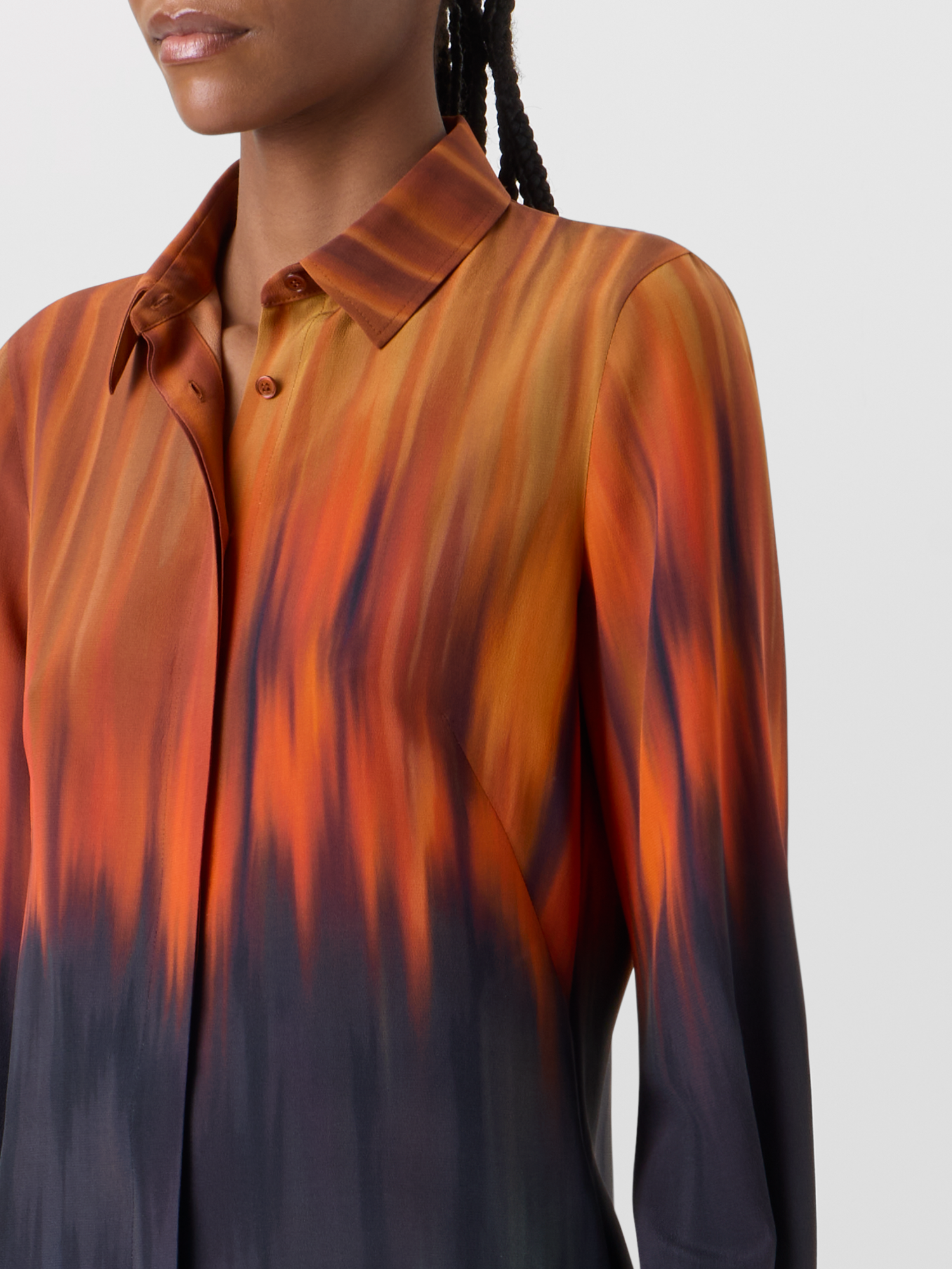 Designer Silk Blouse in Fuego Negro Print - black - red - multicolor - orange 