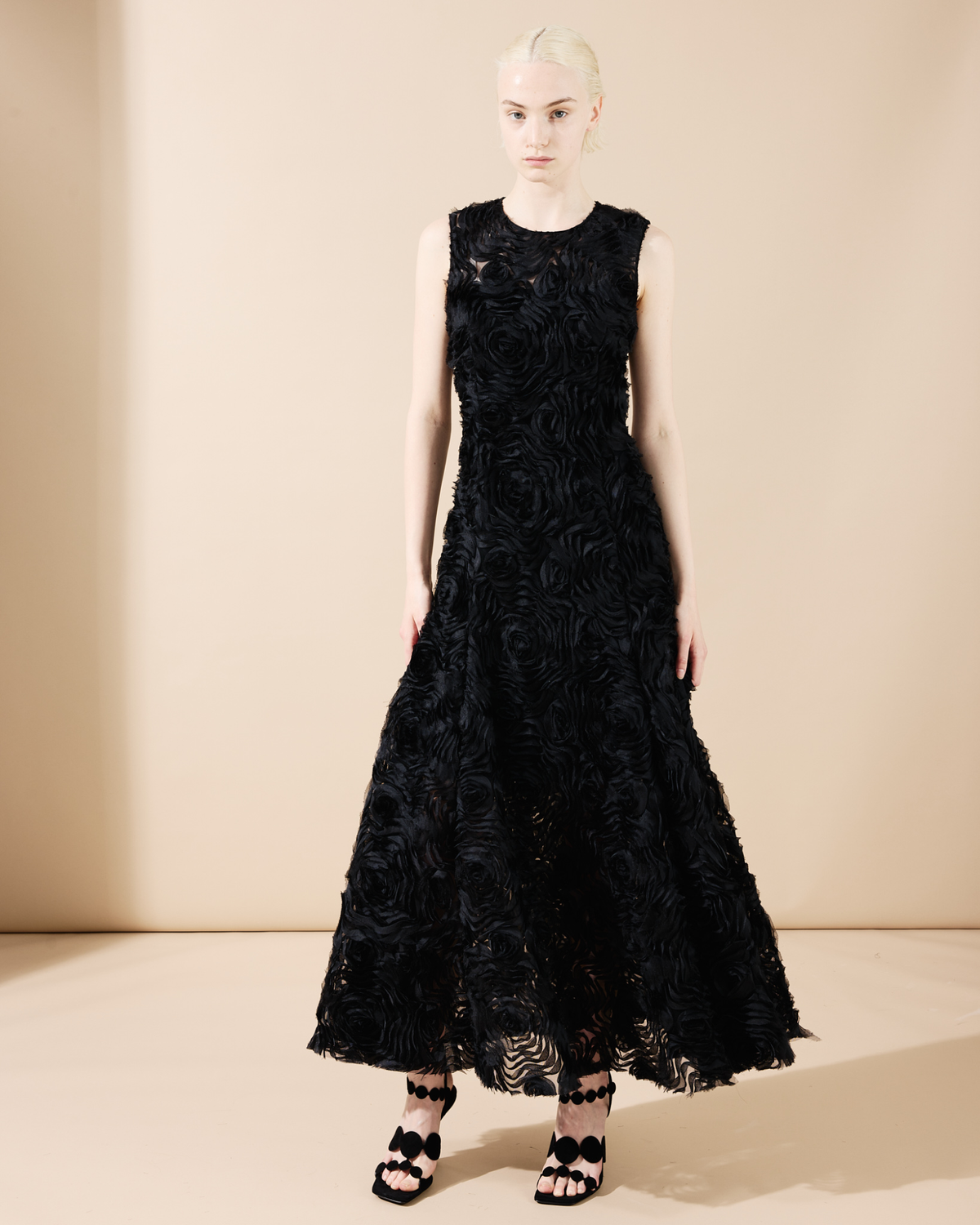 Designer Flared Midi Dress in 3D Carnation Embroidery - black #editorial