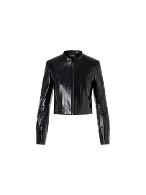 Designer Short Fitted Lacquered Nappa Leather Jacket - black