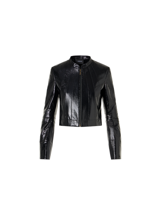 Designer Short Fitted Lacquered Nappa Leather Jacket - black
