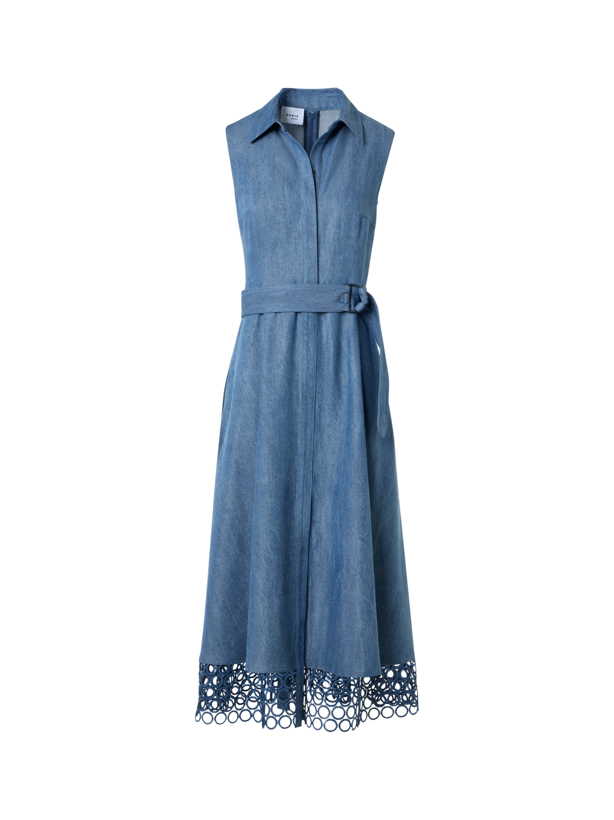 Designer Denim Shirt Dress with Eyelet Guipure - blue