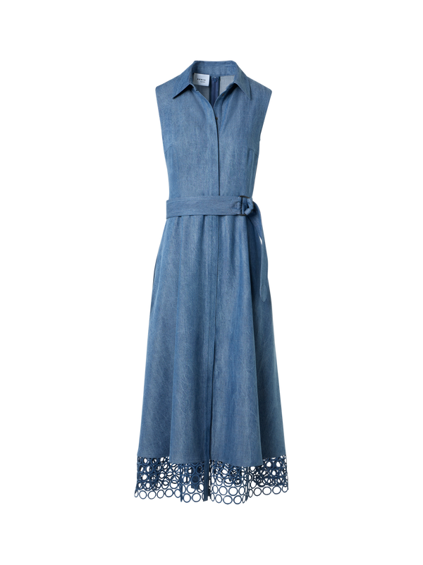 Designer Denim Shirt Dress with Eyelet Guipure - blue