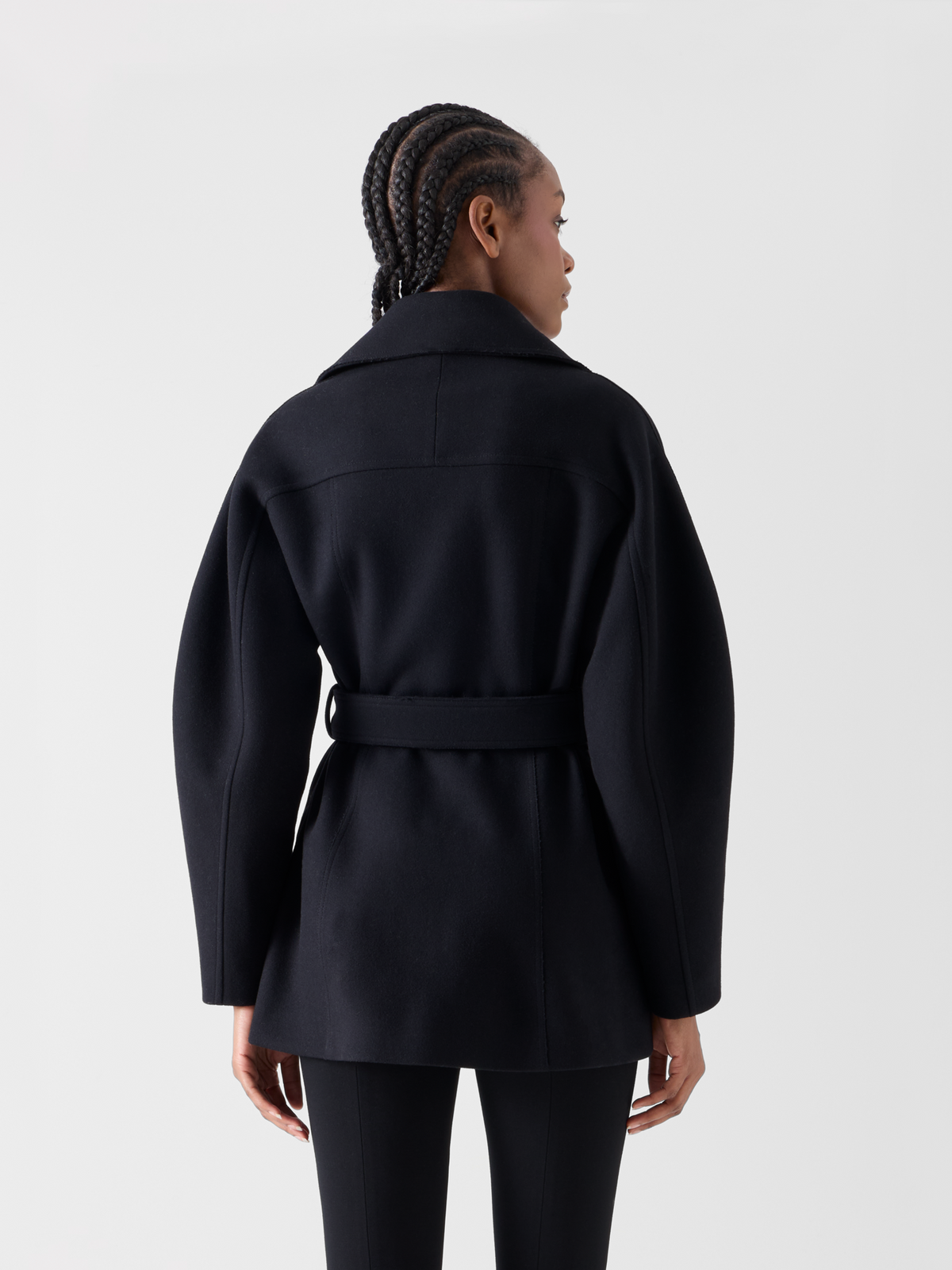 Designer Short Coat with Barrel Sleeves and Self-Belt - black 
