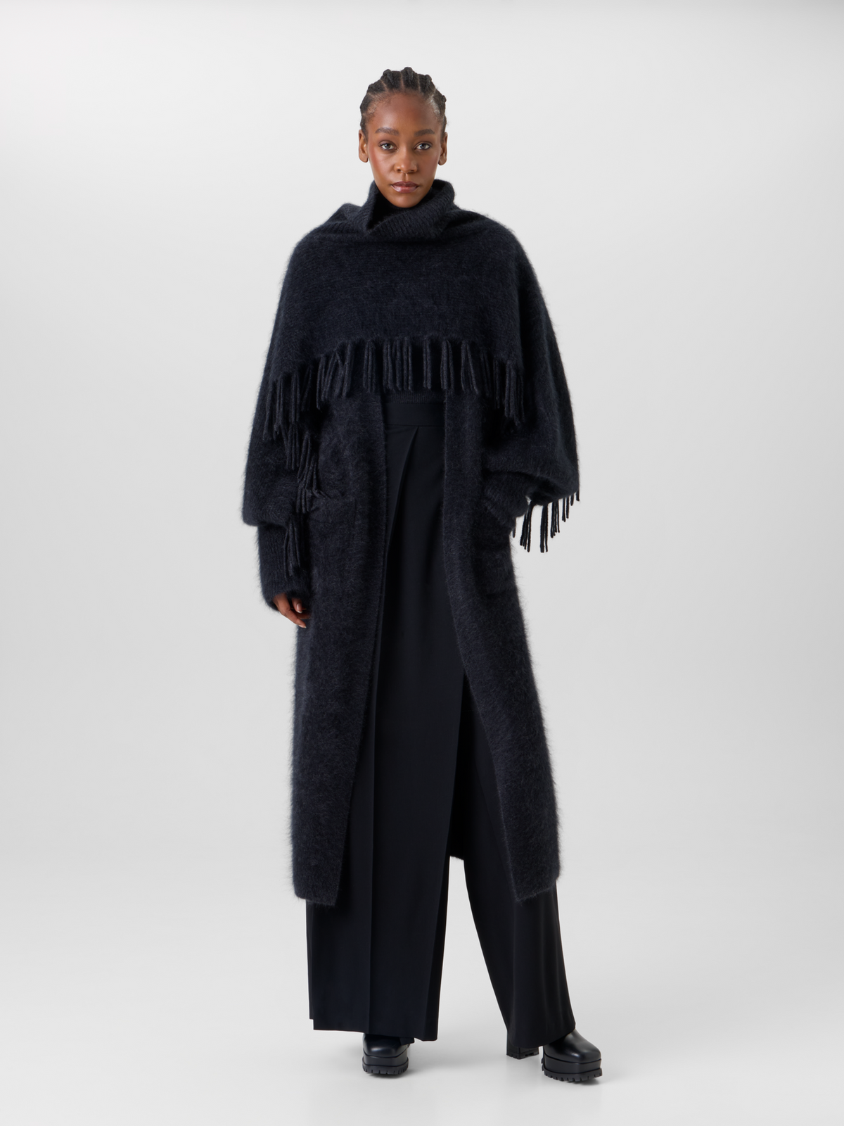 Designer Cloud Cashmere Cape Scarf with Turtleneck and Fringes - grey 