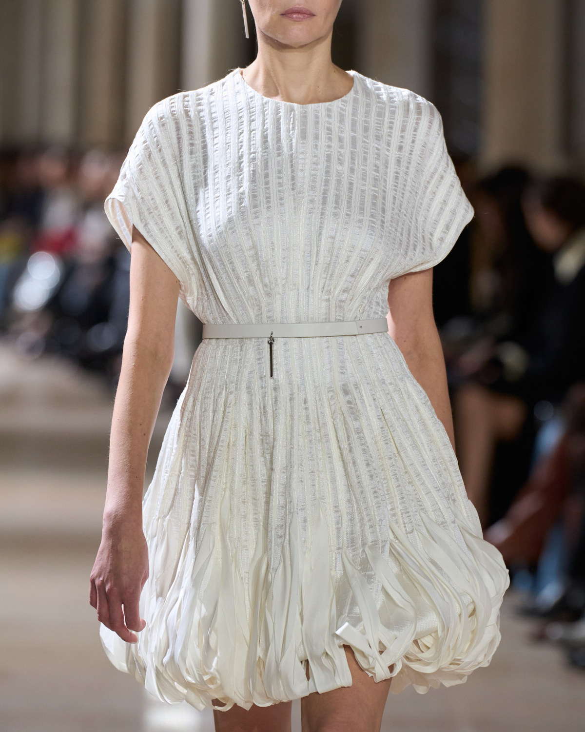 Designer Short Flared Silk Dress with Ribbon Loops Skirt - ecru - white #editorial