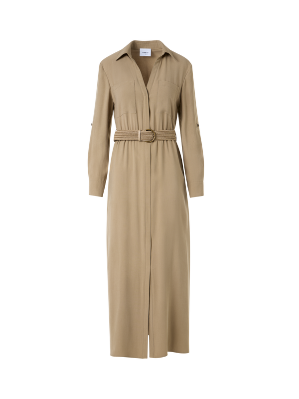 Designer Peach-Skin Viscose Twill Midi Shirt Dress - brown