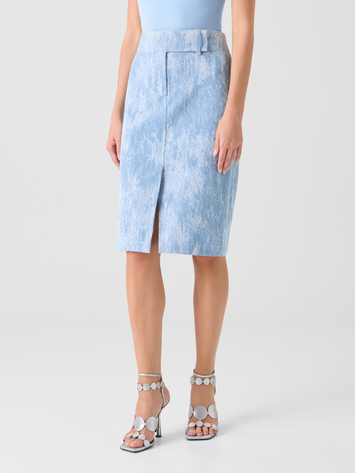 Designer Jacquard Denim Pencil Skirt - blue